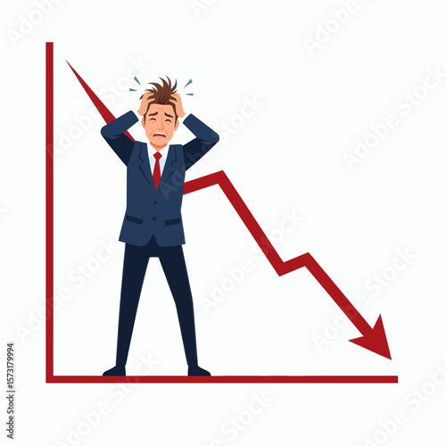 Cartoon businessman in a suit panicking in front of a downward trending red graph