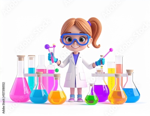 Scientist working in laboratory, 3D cartoon girl with a science project, wearing lab goggles and a big smile