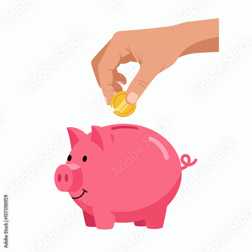 Hand putting a gold coin into a pink piggy bank