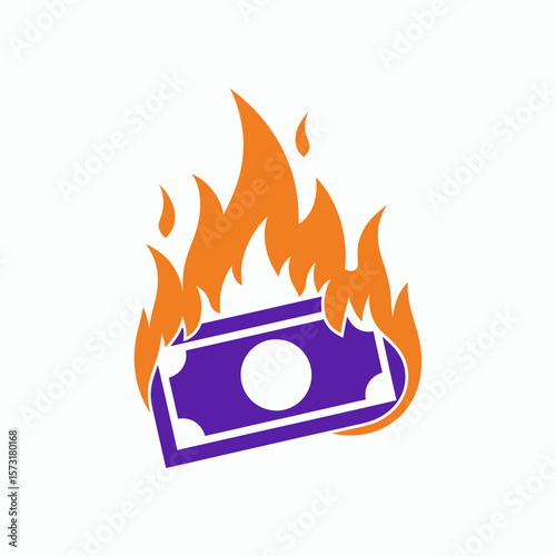 Stylized purple banknote burning with orange flames