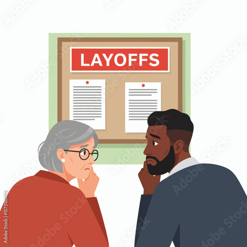 Two worried employees an older woman and a younger man look at a layoff notice on a bulletin board