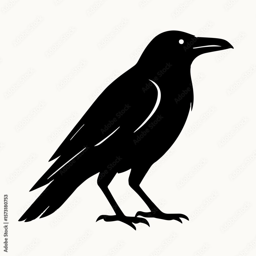 Fototapeta premium Standing crow silhouette vector, sharp beak bird graphic, mysterious gothic icon, minimal crow art, sleek feather shape, dark nature emblem, elegant wild bird design, modern vector illustration.