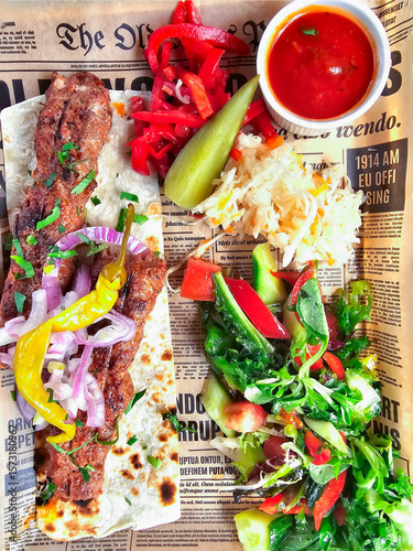 Top view on dish with lula kebab on pita bread and a salad of fresh vegetables on parchment paper in the form of a newspaper	