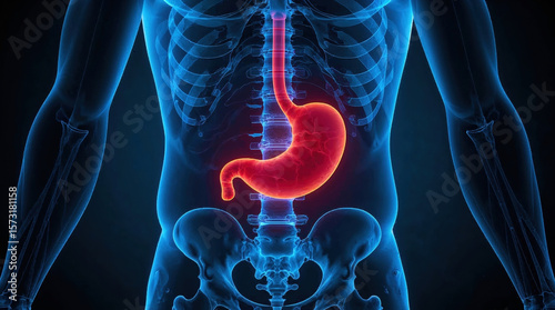 3D Medical Illustration Of Human Digestive System Showing Stomach In Glowing Red Inside Transparent Body