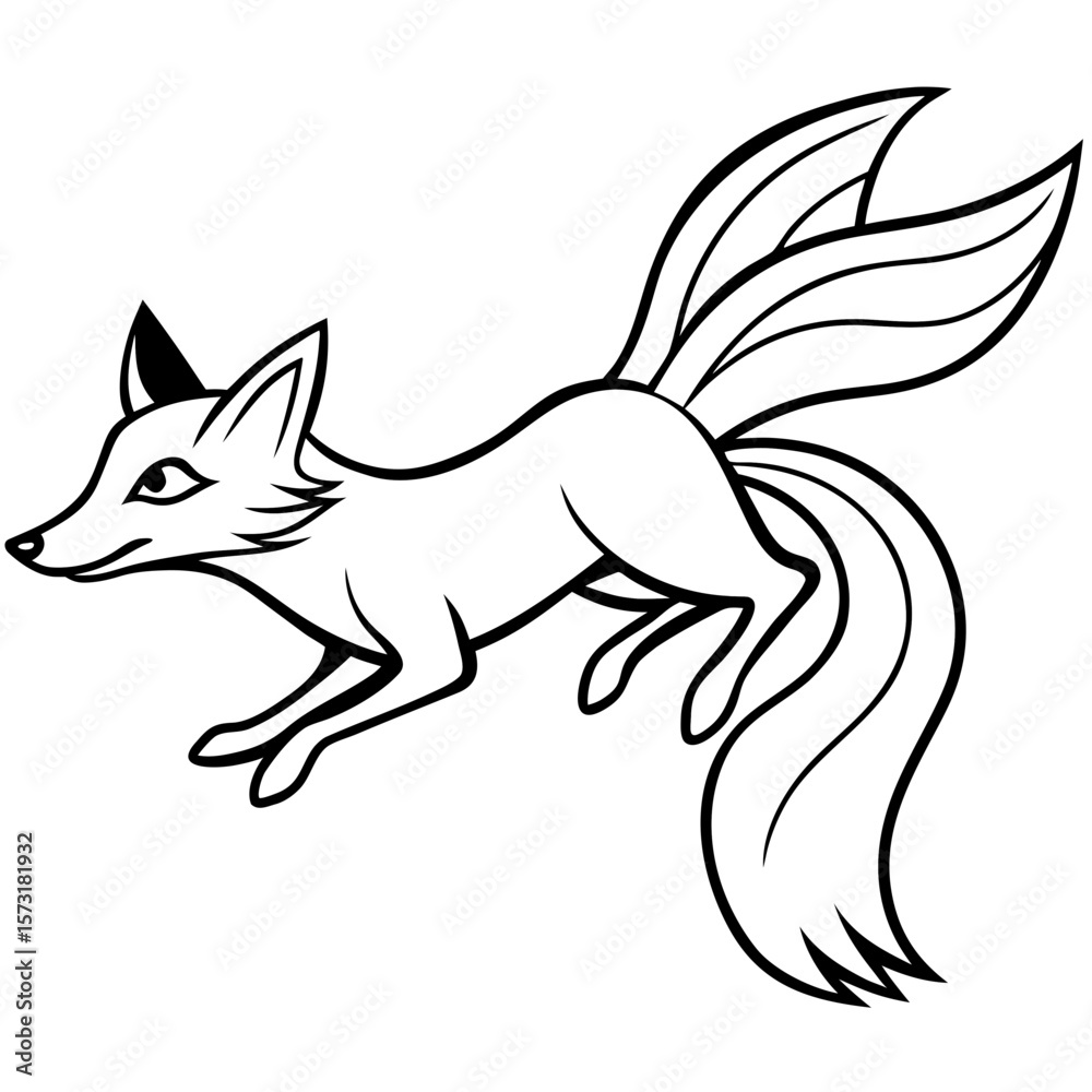 Obraz premium Graceful nine tailed fox leaping with flowing tails silhouette