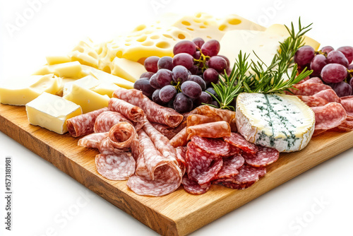 Charcuterie board with assorted cheese meat and grapes isolated on white or white background