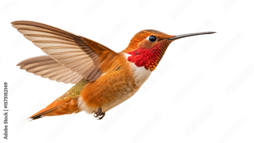 Fototapeta premium Rufous hummingbird flying close up isolated on black background for bird watching and nature enthusiasts