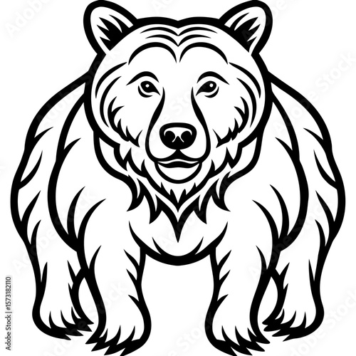 Stylized grizzly bear facing forward in bold black and white silhouette