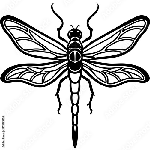 Detailed black and white dragonfly silhouette with intricate wing patterns