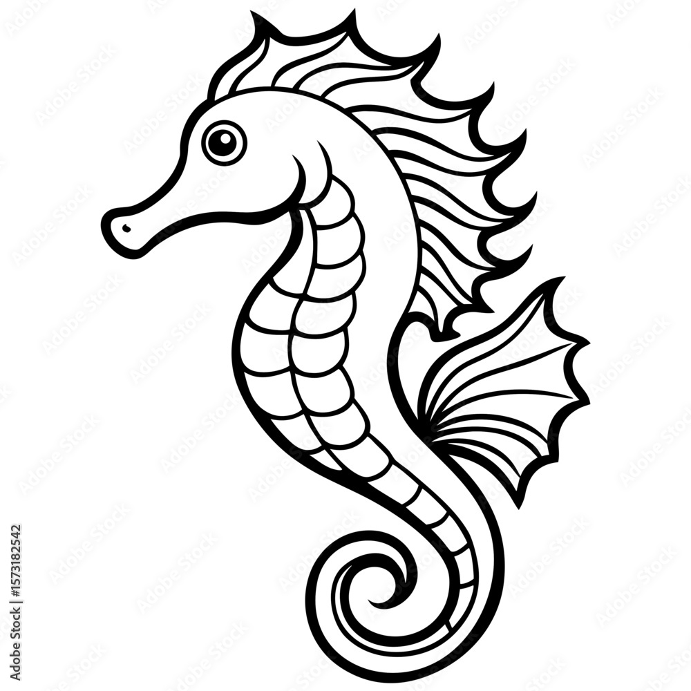 Obraz premium Stylized black and white seahorse silhouette with detailed fins and tail