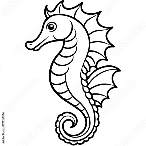A stylized black and white silhouette of a cute seahorse