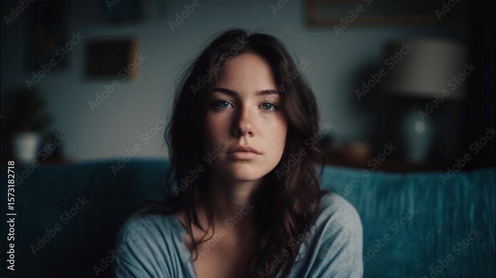 Une femme seule dépressive sur son canapé, elle a le regard vide et triste Une femme seule dépressive sur son canapé, elle a le regard vide et triste