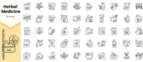 A collection of 50 herbal medicine icons, featuring various plants, containers, and tools in a minimalist style, ideal for wellness and natural health themes.