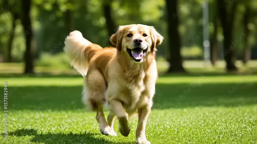 A golden retriever happily sprints across a lush green lawn tail wagging Trees line the background suggesting a park on a bright sunny day A golden retriever happily sprints across a lush green lawn tail wagging Trees line the background suggesting a park on a bright sunny day