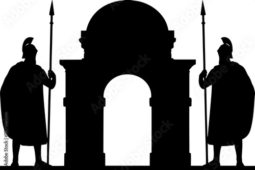 "Flat, emblematic design of two Roman legionnaires flanking a domed arch entrance, with draped cloaks and upright spears. The structure and warriors are in grayscale silhouette, aligned symmetrically 