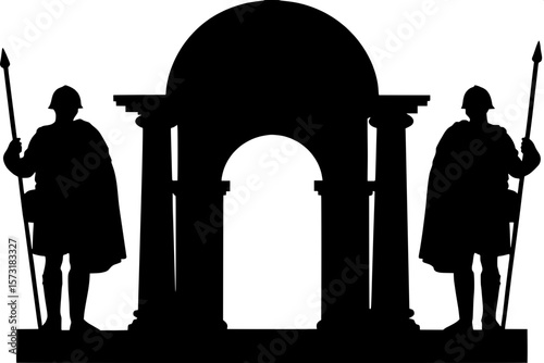 "Flat, emblematic design of two Roman legionnaires flanking a domed arch entrance, with draped cloaks and upright spears. The structure and warriors are in grayscale silhouette, aligned symmetrically 