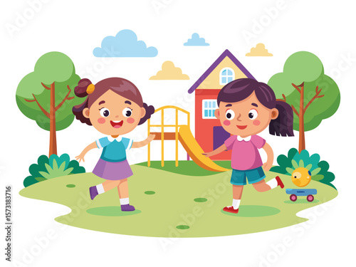 Two happy cartoon girls playing in a park with a house and slide isolated on white background

