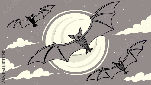 Three bats flying in front of a full moon with clouds and stars in a grayscale cartoon style image