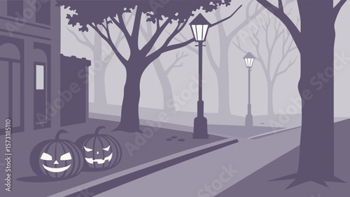 Two jack o lanterns on a street with streetlights and trees in a spooky halloween night scene setting