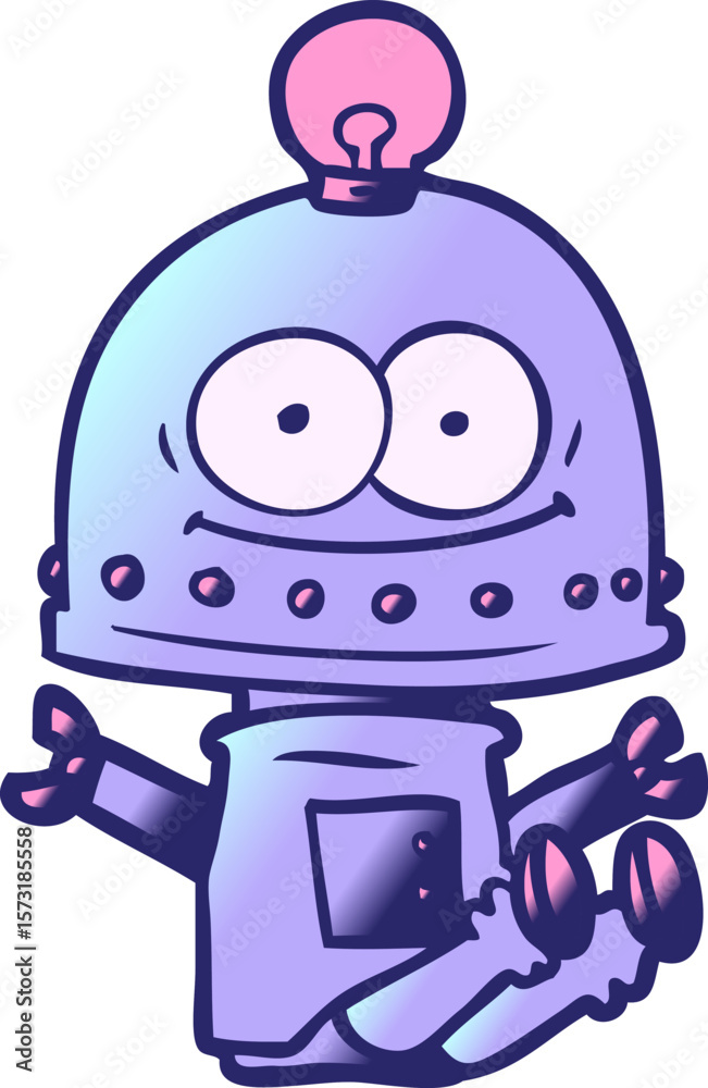 Fototapeta premium happy carton robot with light bulb in bright neon color