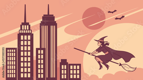 Witch flying on a broomstick over a cityscape with bats and a sunset in a halloween themed illustration