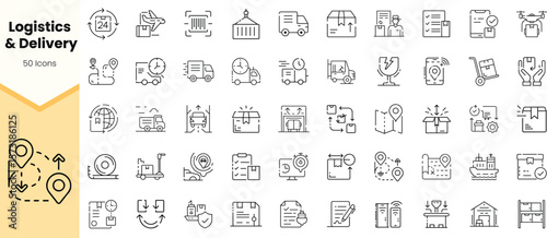 A collection of 50 logistics and delivery icons, featuring various transportation methods, packaging, and tracking elements in a simple, minimalist design.