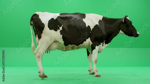 Black and White Dairy Cow on Green Screen Backdrop