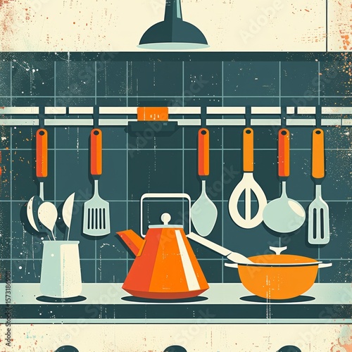 The image features a stylized, retro-inspired illustration of kitchen utensils and equipment
