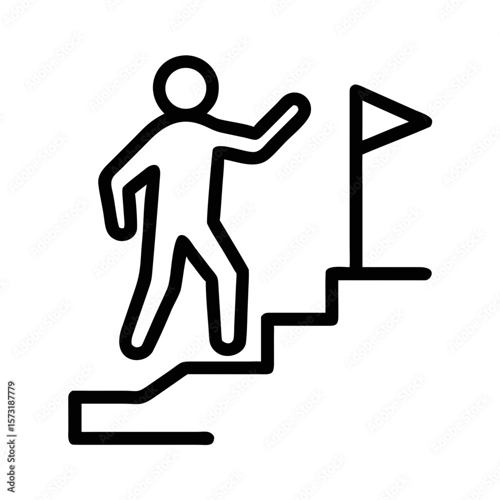 Minimalist silhouette of a human figure ascending steps towards a flag of success Minimalist silhouette of a human figure ascending steps towards a flag of success
