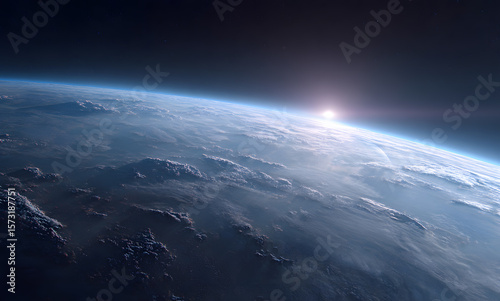 a view of the earth from space with the sun is rising over an alien planet in the distance background