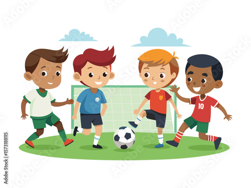 Diverse group of happy cartoon children playing soccer together on a green field with a goal isolated on white background
