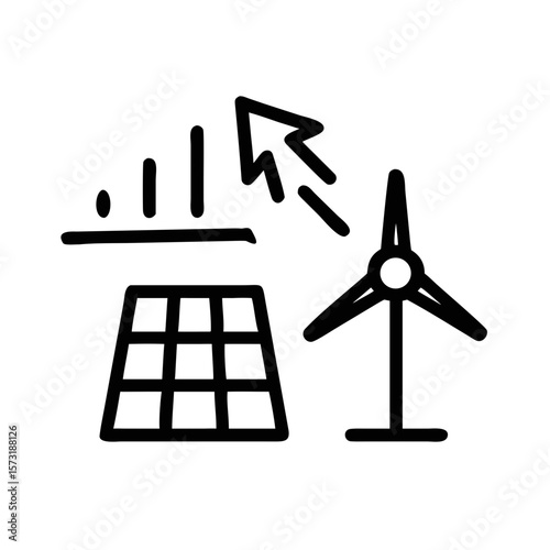 Clean silhouette of modern wind turbines and solar panels for renewable energy sources