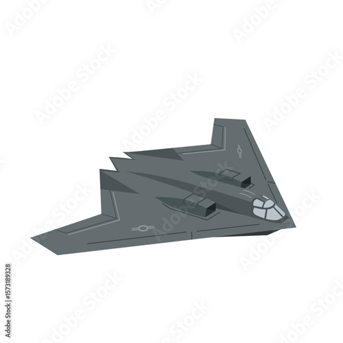 Vector illustration of a modern stealth bomber aircraft in dark grey. Futuristic military plane with angular design, isolated on white background