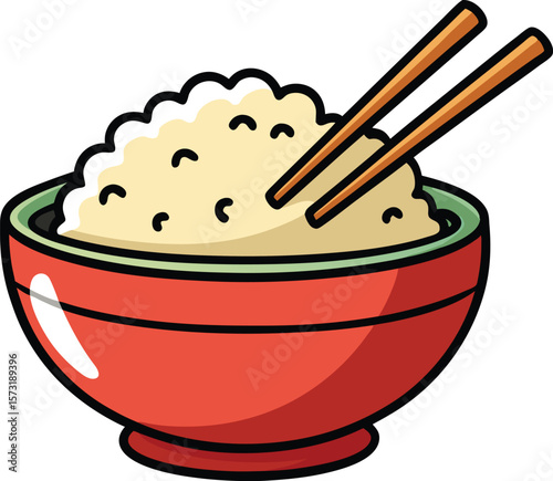 Cute Rice in a bowl with chopsticks isolated on white background. 