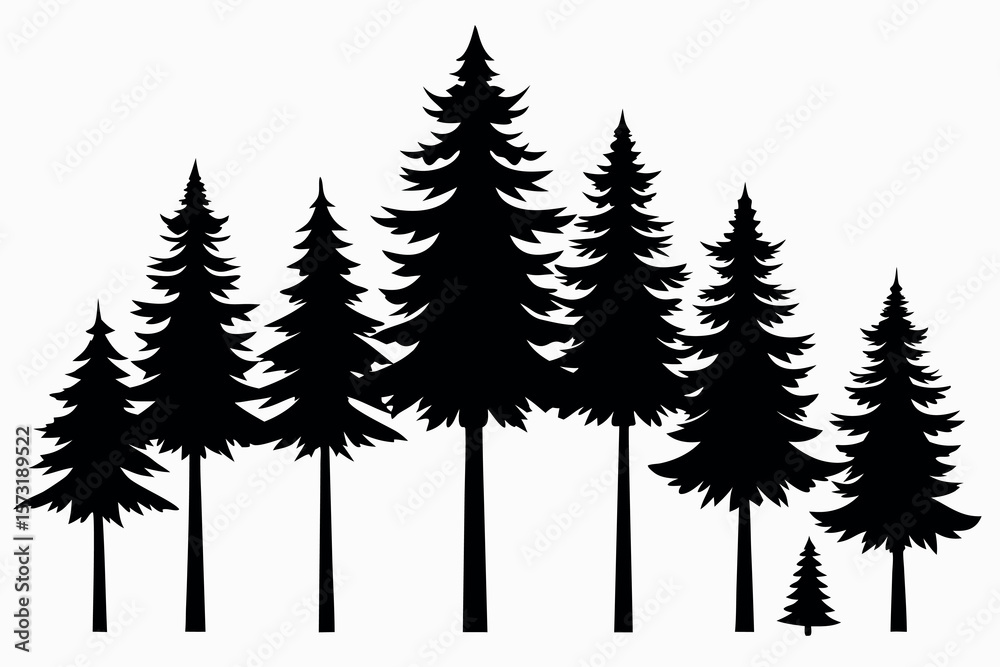 Obraz premium Minimal Black Pine Tree Clipart – Vector Silhouettes of Forest Trees Isolated on White