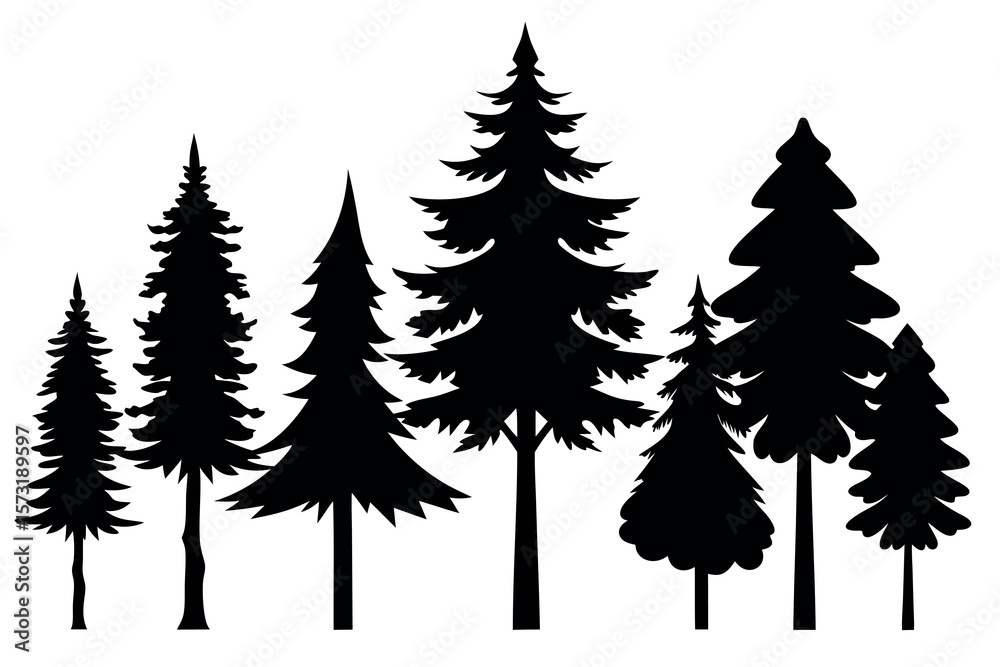 Obraz premium Minimal Black Pine Tree Clipart – Vector Silhouettes of Forest Trees Isolated on White