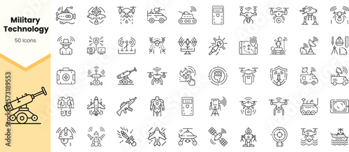 A collection of 50 outlined icons representing various military technology, featuring drones, robots, weapons, and communication tools in a modern design.