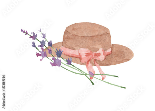 Watercolor Straw Brown Color Women Hat with Pink Ribbon and Lavender Flowers - Rustic Summer Hand drawn Illustration