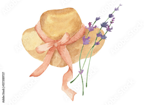Watercolor Yellow Straw Hat with Pink Bow and Lavender Flowers - hand drawn Feminine Cottagecore Illustration