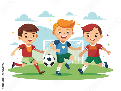 Three happy cartoon boys playing soccer together on a green field with a goal and clouds isolated on white background
