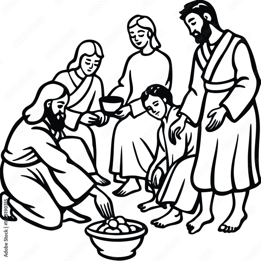 Fototapeta premium Jesus washing the disciples feet line art