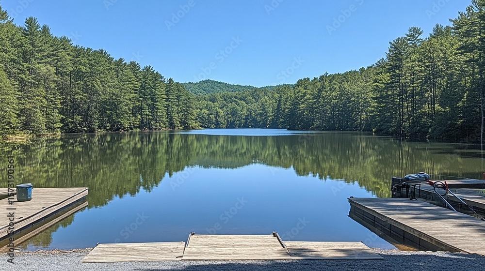 Naklejka premium Serene lake scene with docks and reflections
