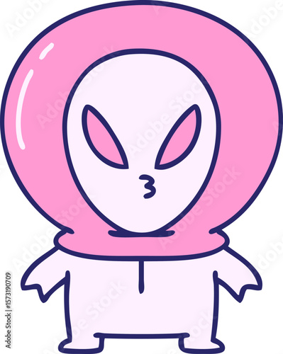 cartoon of a small alien looking thoughtful in bright neon color