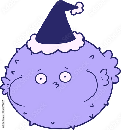 hand drawn line drawing of a puffer fish wearing santa hat in bright neon color