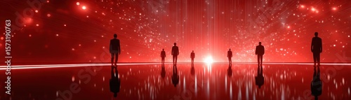 Silhouettes of people standing on a reflective surface with a glowing red background filled with digital light particles and lines.