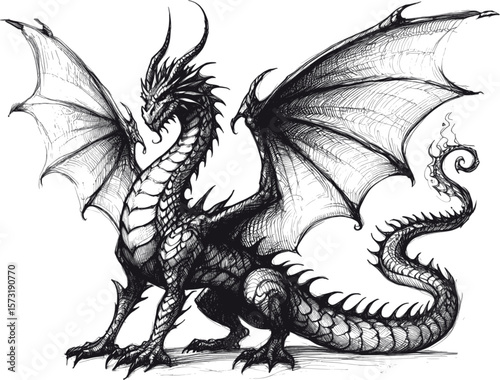 Eternal Flame: The Dragon’s Reign Dragon linework vintage ink sketch hand drawn pen drawing illustration background vector