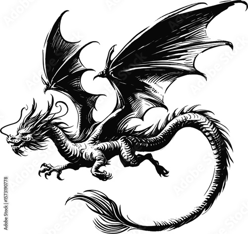 The Last Sovereign Dragon linework vintage ink sketch hand drawn pen drawing illustration background vector