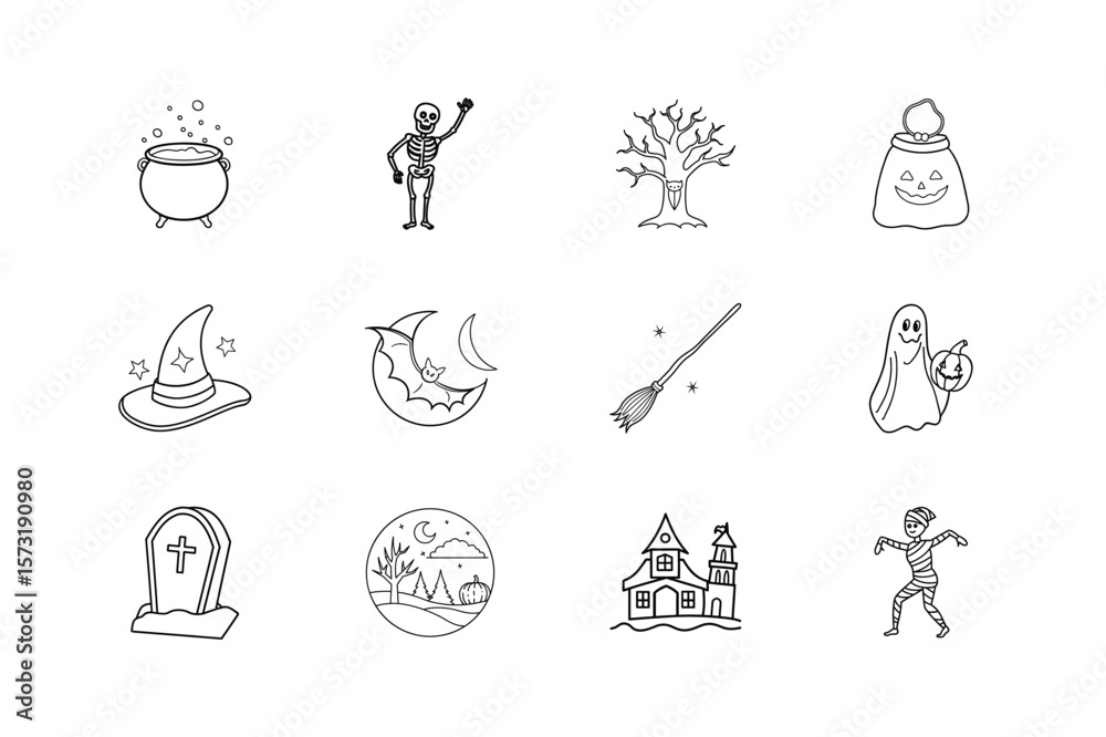 Fototapeta premium Halloween icons spooky creatures haunted house and witchy objects