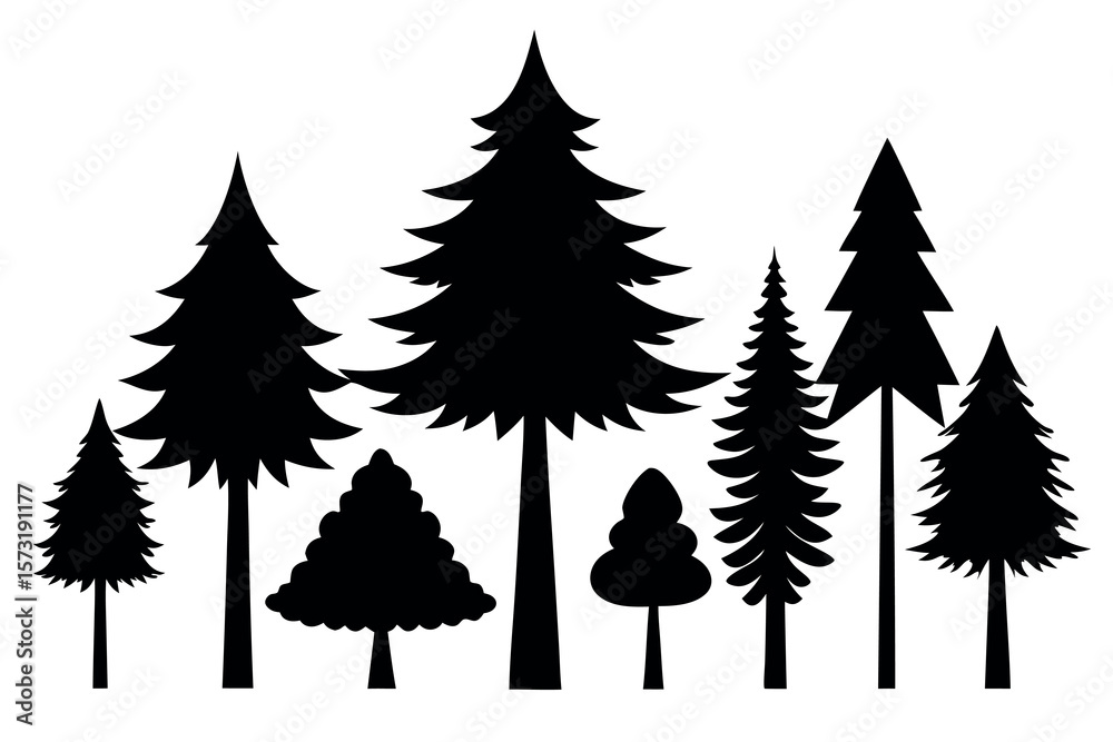 Obraz premium Black Pine Tree Silhouettes – Vector Set of Isolated Evergreen Trees on White Background