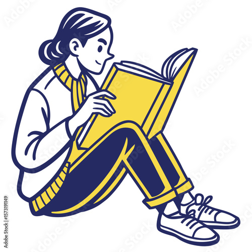 Smiling woman reading a yellow book while sitting cross legged has a transparent background
